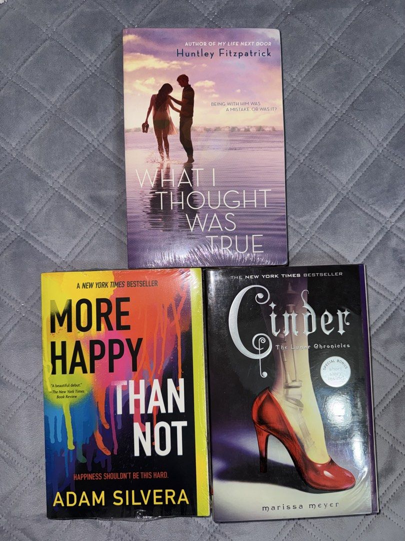 Fiction books (sealed) (Category: Storybooks) located in Malabon City. Submitted by sheena1218 (Listing ID 1468251228, Image 1). Description: - 3 popular Young Adult novels - Titles: What I Thought Was True by Huntley Fitzpatrick, More Happy Than Not by Adam Silvera, and Cinder by Marissa Meyer - Format: Paperback with original cover art and synopses - Perfect for YA fiction fans and collectors.