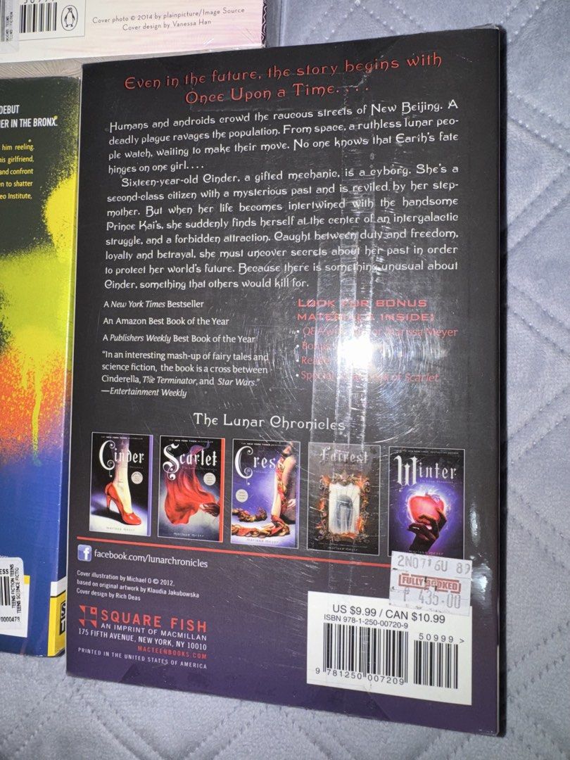 Fiction books (sealed) (Category: Storybooks) located in Malabon City. Submitted by sheena1218 (Listing ID 1468251228, Image 3). Description: - 3 popular Young Adult novels - Titles: What I Thought Was True by Huntley Fitzpatrick, More Happy Than Not by Adam Silvera, and Cinder by Marissa Meyer - Format: Paperback with original cover art and synopses - Perfect for YA fiction fans and collectors.