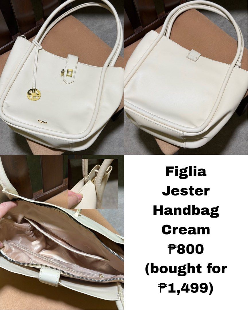 Figlia Jester Handbag Cream Color (Category: Shoulder Bags) located in Caloocan City. Submitted by catwonrideul (Listing ID 1468141321, Image 1). Description: - Brand/Model: Figlia Jester Handbag - Color: Cream - Original Price: ₱1,499 - Design: Structured with dual shoulder straps, gold-tone hardware, and front logo charm - Closure: Zip-top for security - Interior: Smooth lining with multi-compartments and side pockets - With FLAW - nagkapunit s