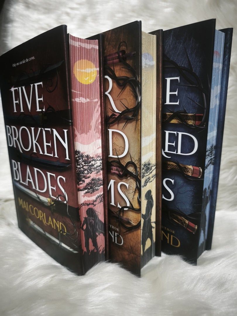 Five Broken Blades trilogy by Mai Corland (Category: Storybooks) located in Quezon City. Submitted by books.and.hobbiesph (Listing ID 1468199246, Image 1). Description: Brand new and brand new remaindered copy Special edition hardcover set (3 volumes) Custom illustrated endpapers, foil cover details, and pink, yellow, and blue sprayed edges.