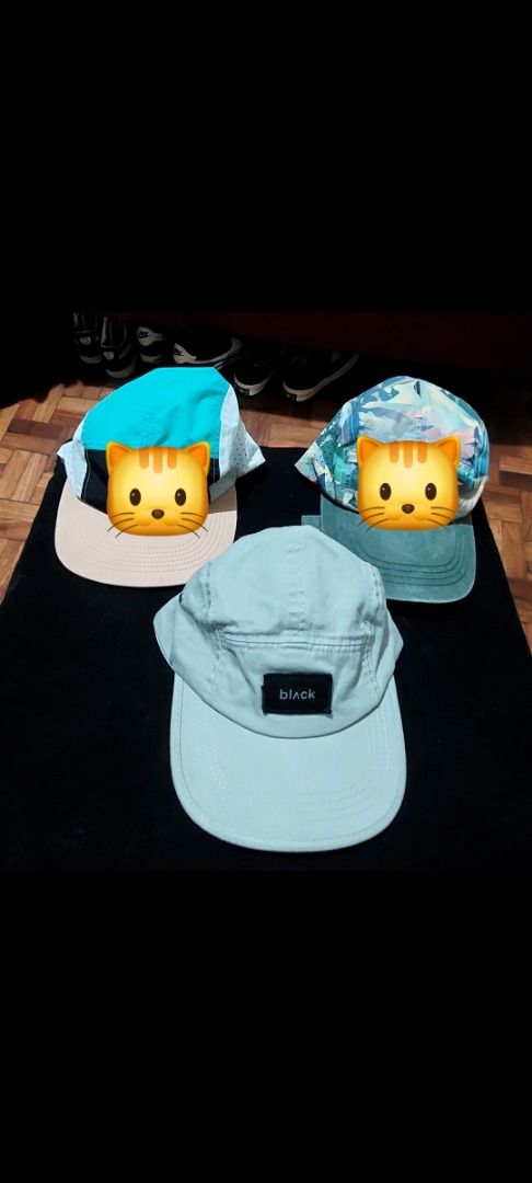 Five Panel Camp Caps Fault Line and Black (Category: Caps & Hats) located in Legazpi City. Submitted by street_uniform (Listing ID 1466503809, Image 1). Description: - 180 each. - Includes: 2x patterned Fault Line caps (teal/green tones) and 1x solid light mint cap with a black logo patch - Fit: Adjustable strapback at the back - Material: Lightweight, ideal for daily streetwear or skating - Condition: Clean overall.