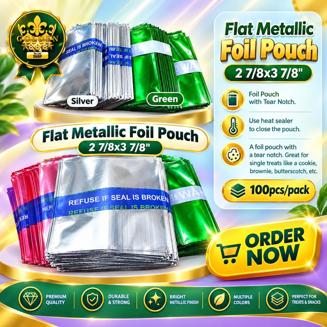 FLAT METALLIC FOIL POUCHES (Category: Food Organization & Storage) located in Manila. Submitted by golden888onlineshop (Listing ID 1468135476, Image 1). Description: FELLOW SELLERS, WE KNOW PACKAGING MATTERS! ❤️ You spend time making delicious cookies, fudgy brownies, and sweet treats. Why not give them packaging that makes them look just as good? 🍪✨ Meet your new packaging essential: FLAT METALLIC FOIL POUCHES! 💖 ✔️ Adds a shiny, attractive lo