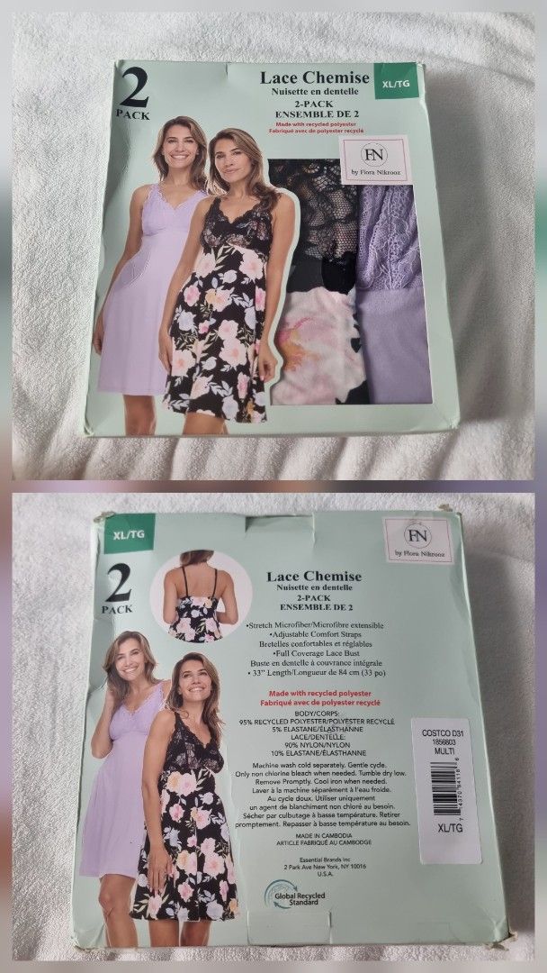 Flora Nikrooz Lace Chemise 2-Pack XL (Category: Undergarments & Loungewear) located in Iligan City. Submitted by assortedfinds143 (Listing ID 1468102169, Image 1). Description: - Brand: Flora Nikrooz - Size: XL/TG (33 inches length) - Quantity: 2-pack (1 solid lavender, 1 black floral print) - Material: Eco-friendly recycled polyester stretch microfiber - Features: Adjustable straps, full coverage lace bust - Condition: Brand new, unopened in ori