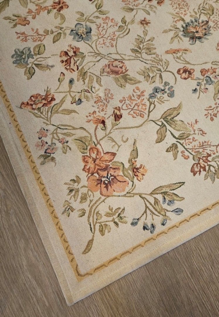 Floral pattern area rug cream background (Category: Carpets, Mats & Flooring) located in Manila. Submitted by cosmicshark-cd31f1 (Listing ID 1468084768, Image 3). Description: - Elegant cream-colored area rug with traditional botanical design - Features detailed floral vines, peach flowers, and lovely blue accents - 48 × 64 1/2in. - Beautiful decorative border trim for a polished look - Soft and cozy pile texture underfoot - Clean surface and ver