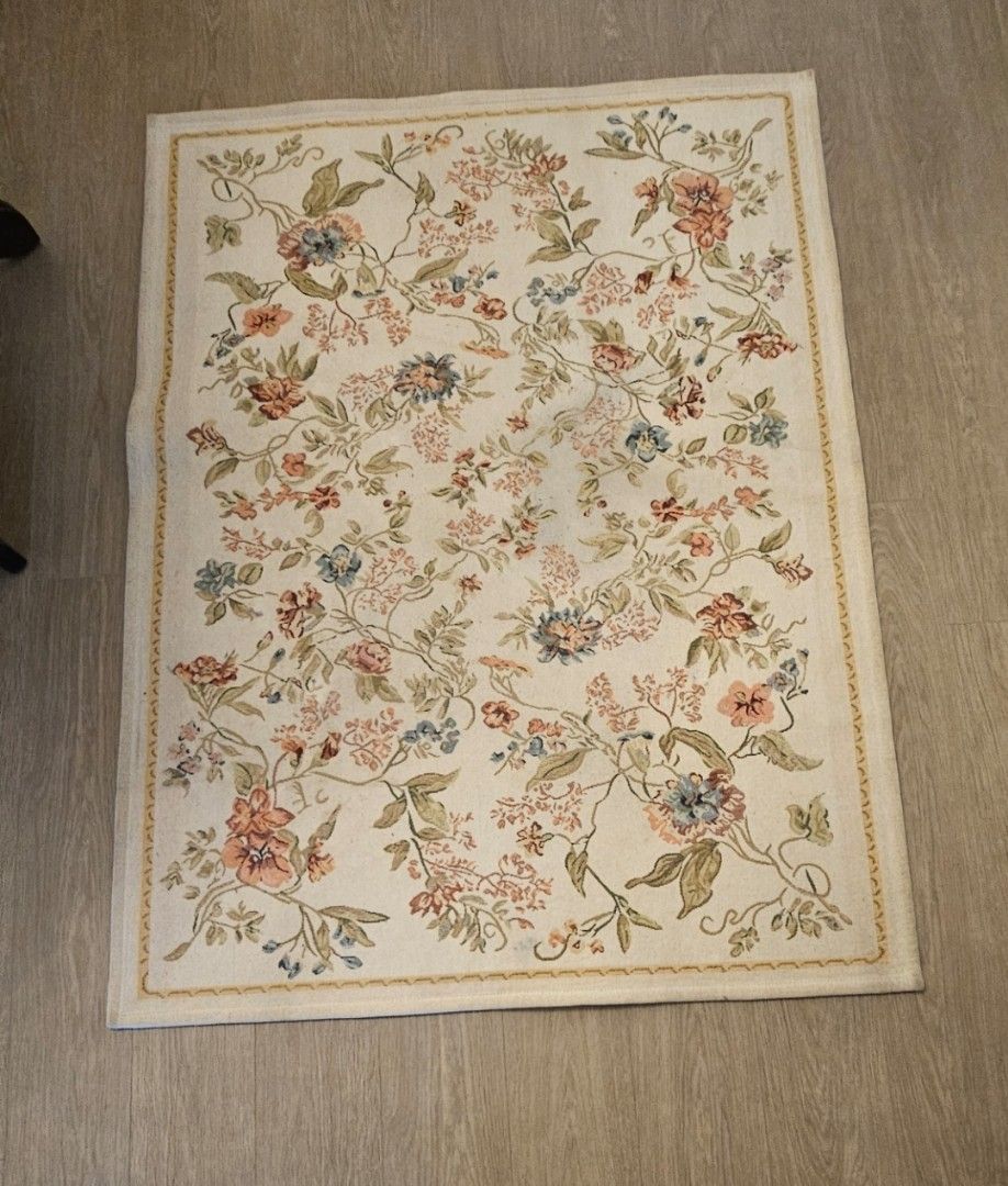 Floral pattern area rug cream background (Category: Carpets, Mats & Flooring) located in Manila. Submitted by cosmicshark-cd31f1 (Listing ID 1468084768, Image 1). Description: - Elegant cream-colored area rug with traditional botanical design - Features detailed floral vines, peach flowers, and lovely blue accents - 48 × 64 1/2in. - Beautiful decorative border trim for a polished look - Soft and cozy pile texture underfoot - Clean surface and ver