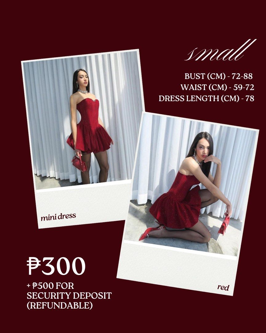 FOR RENT - Mini Dress Red Corset (Category: Evening dresses & gowns) located in Santa Rosa. Submitted by anvea.ph (Listing ID 1468112062, Image 2). Description: 𐙚 𝐃𝐑𝐄𝐒𝐒 𝐅𝐎𝐑 𝐑𝐄𝐍𝐓 ♡ Looking for the perfect dress for your special occasion? Rent your dream dress at an affordable price! 🎀 RENTAL DETAILS - Rental period: 3 days - Payment: Through GCash - Security deposit: ₱500 (refundable upon return, provided the dress is returned in goo