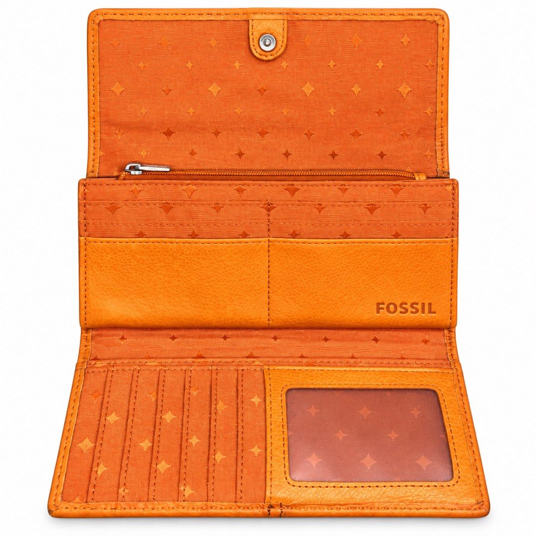 Fossil Orange Leather Wallet with Keyhole Clasp (Category: Wallets & Card holders) located in Carigara. Submitted by spark2503 (Listing ID 1468062925, Image 3). Description: - Brand: Fossil - Color: Bright orange - Material: Textured leather with contrast stitching - Closure: Front flap with keyhole hardware and snap button - Exterior: Back zipper pocket for small essentials - Interior: Multiple card slots, ID window, bill compartments, and starb