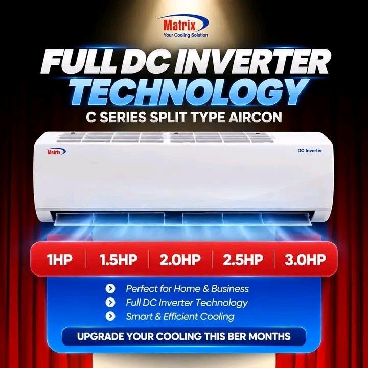 Free Installation Matrix C-Series Full DC Inverter (Category: Air Conditioning and Heating) located in Quezon City. Submitted by ygayairconditioning_32 (Listing ID 1468140799, Image 1). Description: Lowest price guarantee 👍 💯% Brand New & Factory Sealed Complete Warranty & Official Receipt 🧾 Free Installation❗️❗️ Matrix C-Series Full DC Inverter 1.0HP - MX-CS25L2A - 24,000 1.5HP - MX- CS35L2A - 26,000 2.0HP - MX-CS51L2A - 32,000 2.5HP - MX-CS7
