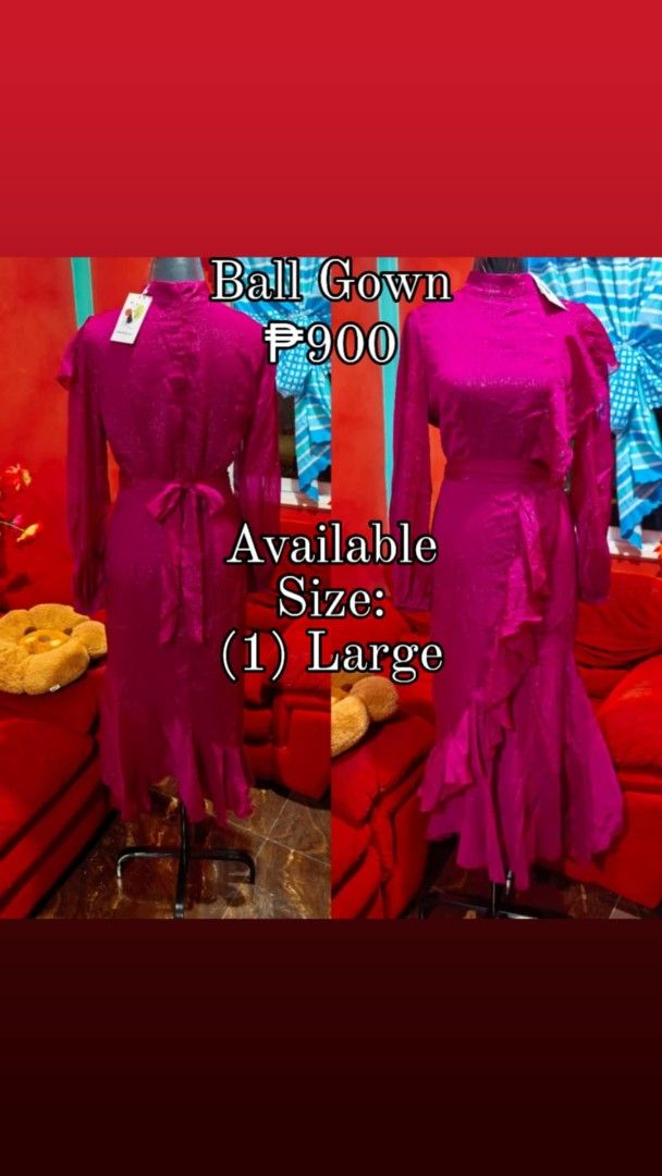 Fuchsia Pink Ruffle Ball Gown (Category: Evening dresses & gowns) located in Samboan. Submitted by stephie_89 (Listing ID 1468221768, Image 1). Description: - Color: Bright fuchsia pink with shimmer fabric - Size: Large (Brand new with tags attached) - Design: High neckline, long sleeves, and a sweet waist tie ribbon in the back - Skirt: Voluminous with ruffled details - Perfect for proms, parties, or special occasions.