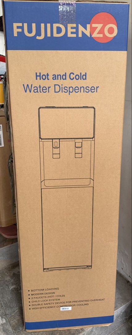 Fujidenzo Hot and Cold Water Dispenser Bottom Loading (Category: Water Purifiers & Dispensers) located in Taytay. Submitted by rgsisters (Listing ID 1468136432, Image 1). Description: - Brand: Fujidenzo - Type: Hot and cold water dispenser with bottom-load design - Condition: Brand new, still inside original box packaging - Safety: Includes child lock system and double safety device to prevent overheating - Performance: High-efficiency compressor