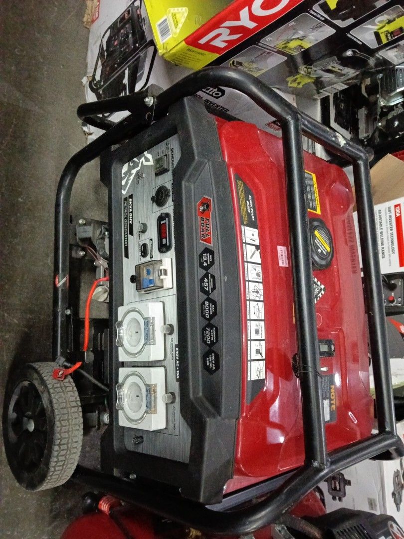 Full Boar 8000W Petrol Generator (Category: Industrial Equipment) located in Manila. Submitted by jesicahmrsantarosa (Listing ID 1468141914, Image 2). Description: - Brand: Full Boar 8KVA OHV Petrol Generator - Power: 8000 max watts / 7200 running watts - Design: Heavy-duty black steel frame with red fuel tank - Ports: Dual AC power outlets and 12V DC USB ports - Portability: Built-in wheel kit for easy moving - Condition: Sturdy build, ready for