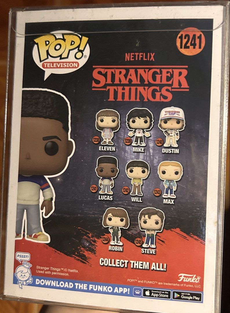 FUNKO POP STRANGER THINGS LUCAS 1241 (Category: Designer & Blind Box Toys) located in Pasig City. Submitted by ssalgnowk (Listing ID 1468135502, Image 3). Description: - Character: Lucas (#1241) from Stranger Things - NEVER OUTSIDE OF BOX, dirt due to storage - add ₱50 for protector.
