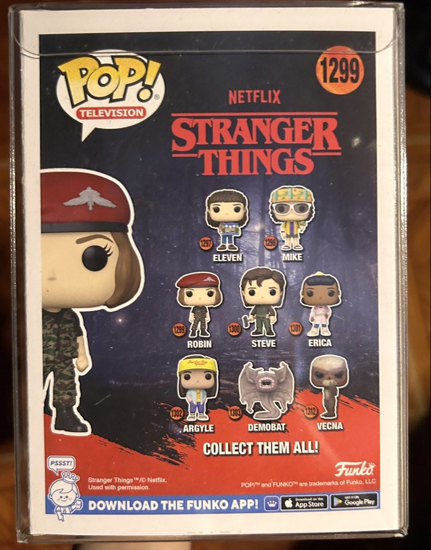 FUNKO POP STRANGER THINGS ROBIN 1299 (Category: Designer & Blind Box Toys) located in Pasig City. Submitted by ssalgnowk (Listing ID 1468133488, Image 3). Description: - Character: Robin from Stranger Things Season 4 (Camouflage uniform with red beret) - Collectible Number: #1299 - Packaging: Comes in original box with clear display window and Netflix branding - Perfect for Funko Pop and Stranger Things collectors - NEVER OUTSIDE OF BOX, dirt due