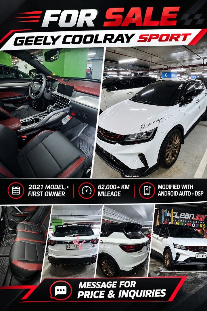 Geely Coolray compact suv Auto (Category: Used Cars) located in Quezon City. Submitted by forrentcondo (Listing ID 1468276116, Image 1). Description: Geely coolray sports.. 2021 firat owner.. 62+k mileage moded with android auto dsp.