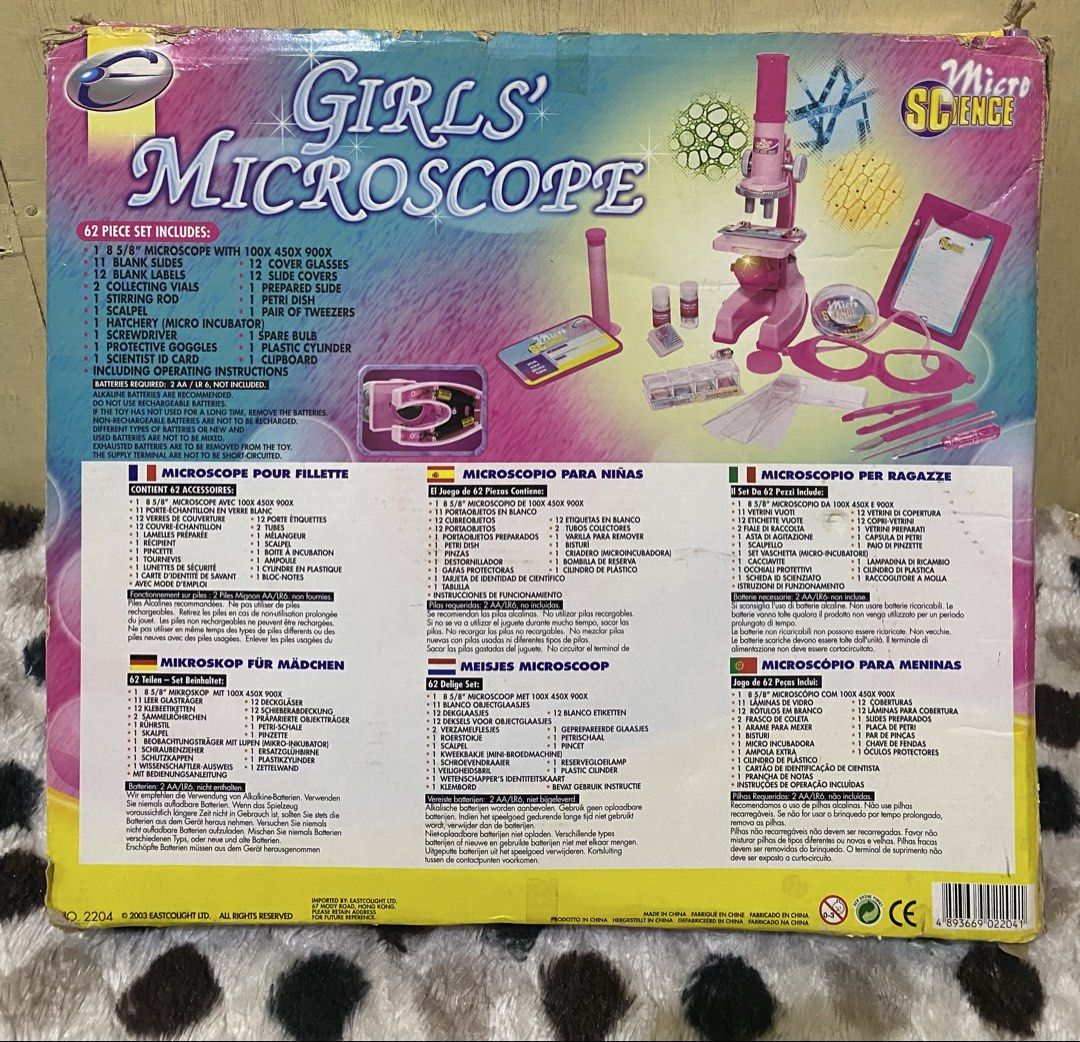 Girls Micro Science Microscope 62-Piece Educational Toy Set (Category: Educational & Learning Toys) located in Baguio. Submitted by thrift_bonita (Listing ID 1468156019, Image 2). Description: - Brand: Micro Science - Type: 62-piece educational microscope kit for young learners - Color: Stylish pink and peach scheme - Inclusions: Main microscope, safety goggles, clipboard, petri dish, slides, vials, tweezers, scalpel, and more accessories - Packa