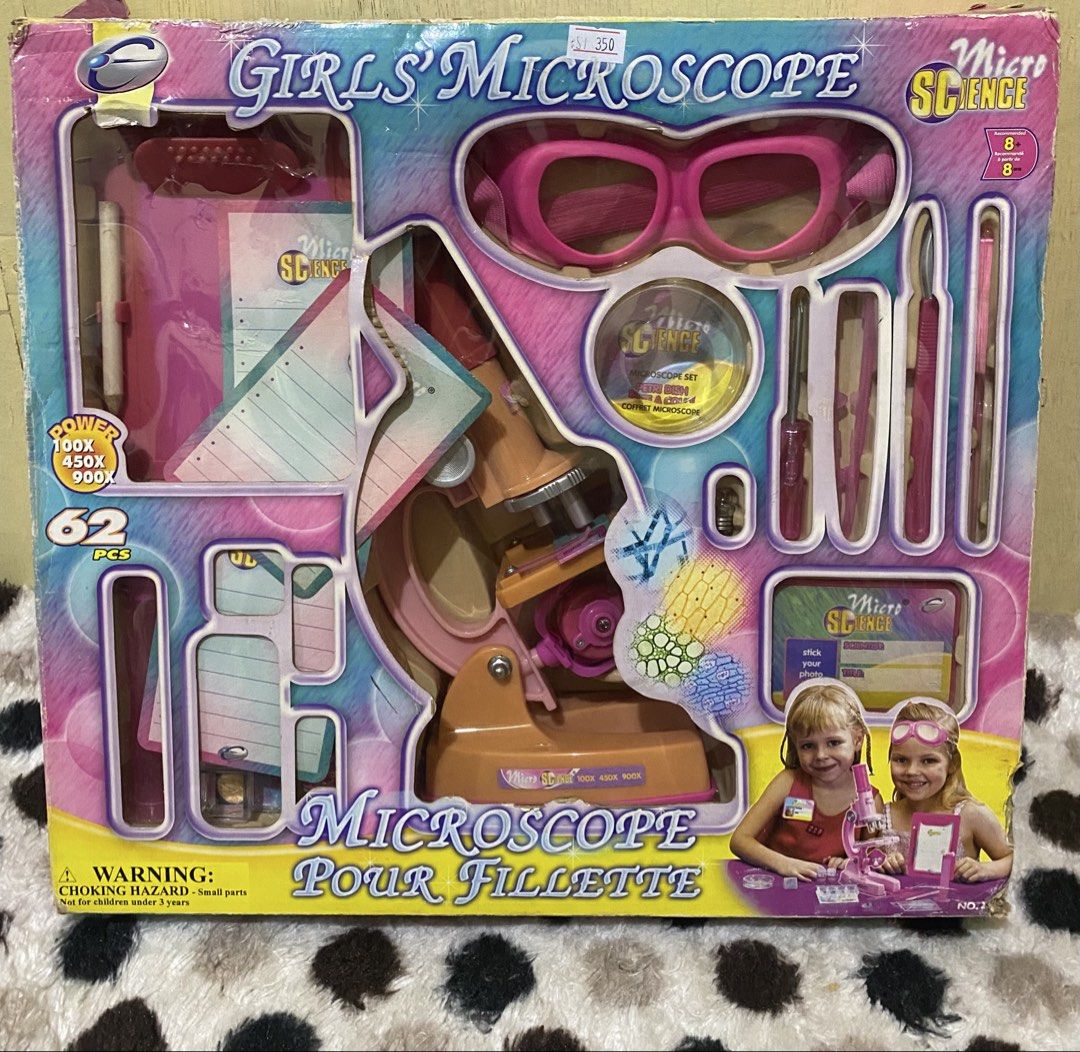 Girls Micro Science Microscope 62-Piece Educational Toy Set (Category: Educational & Learning Toys) located in Baguio. Submitted by thrift_bonita (Listing ID 1468156019, Image 1). Description: - Brand: Micro Science - Type: 62-piece educational microscope kit for young learners - Color: Stylish pink and peach scheme - Inclusions: Main microscope, safety goggles, clipboard, petri dish, slides, vials, tweezers, scalpel, and more accessories - Packa