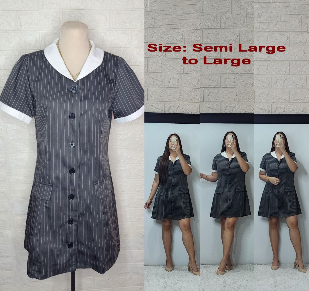Gray pinstripe button-down dress with white collar (Category: Dresses) located in Quezon City. Submitted by graciejosue (Listing ID 1468080000, Image 1). Description: Rare piece apparel at a very reasonable price and great condition!!! Washed and ready to wear. - Style: Gray pinstripe dress with short sleeves - Details: White contrast collar and sleeve cuffs, full front button closure with black buttons - Size: Semi-large to large (modeled in pho