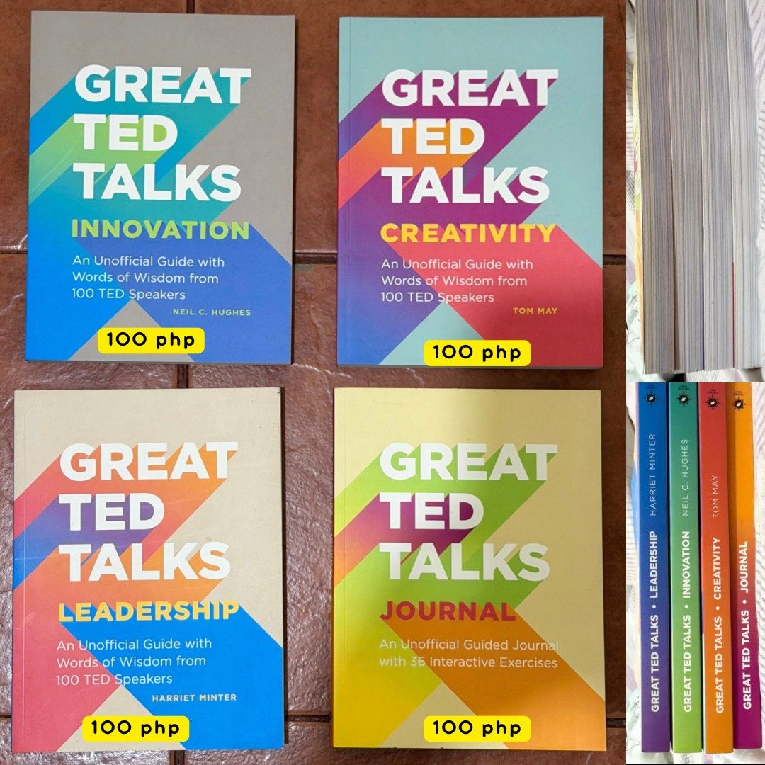 Great TED Talks Series | Self-Help & Personal Growth (Category: Storybooks) located in Silang. Submitted by papieriiibookstogo (Listing ID 1468276644, Image 1). Description: Great TED Talks Series | Self-Help & Personal Growth ₱100 each if individual buy • Great TED Talks: Innovation by Neil C. Hughes • Great TED Talks: Creativity by Tom May • Great TED Talks: Leadership by Harriet Minter • Great TED Talks: Journal, a guided journal with 36 inter
