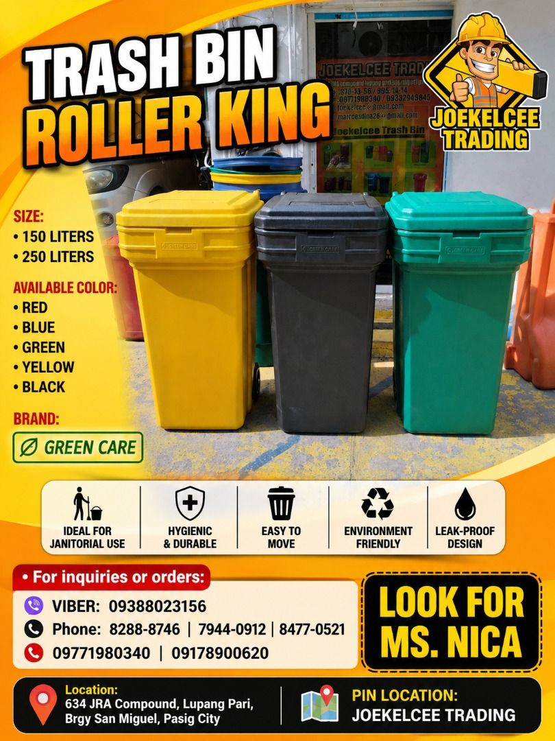 Green Care Trash Bin Roller King 150L 250L (Category: Waste Bins & Bags) located in Caloocan City. Submitted by brightriver_09 (Listing ID 1468132997, Image 1). Description: Trash Bin Roller King by Green Care. Available in 150 liters and 250 liters capacities. Colors include red, blue, green, yellow, and black. Wheeled design for easy movement. Hygienic, durable, and leak-proof construction. Suitable for janitorial and heavy waste management use