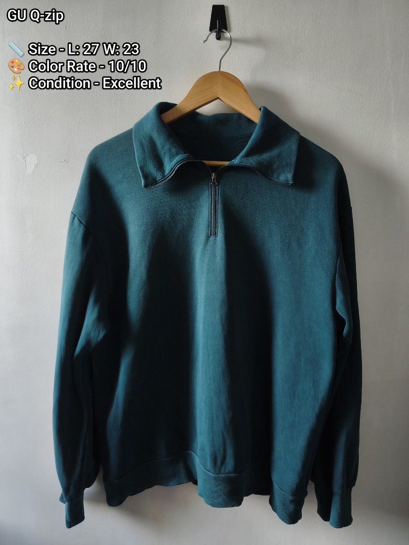 GU Dark Teal Quarter Zip Sweatshirt (Category: Coats, Jackets and Outerwear) located in Manila. Submitted by gelog2 (Listing ID 1468147029, Image 1). Description: - Brand/Style: GU quarter-length zip sweatshirt with classic collar - Color: Dark teal (vibrant, no fading) - Material: Heavyweight cotton blend, very warm - Measurements: 27 inches length, 23 inches width - Features: Ribbed cuffs and hem - Condition: Clean interior and exterior, ready 