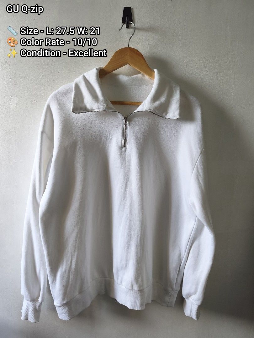 GU Q-zip White Sweatshirt (Category: Coats, Jackets and Outerwear) located in Manila. Submitted by gelog2 (Listing ID 1468147106, Image 1). Description: - Brand: GU - Style: Quarter-zip sweatshirt - Color: Solid white - Details: Long sleeves, high collar, silver zipper hardware, ribbed cuffs and hem - Measurements: Length 27.5", Width 21" - Condition: Clean fabric, vibrant color - Perfect for layering in cooler weather.