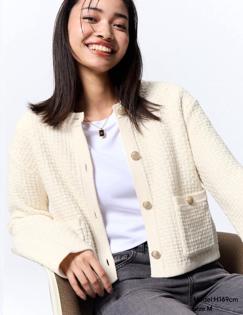 GU Tweedy Knitted Cardigan (Category: Coats, Jackets and Outerwear) located in Angeles City. Submitted by miss_independent01 (Listing ID 1468129688, Image 2). Description: GU Tweedy Knitted Cardigan Color: Cream Width: 22 (XXL on tag) Length: 20 Sleeve: 20 Shoulder: 19 MOP: Gcash ✅ Mine Now, Pay Now ✅ First to Pay, Gets the Item 📍 PAMPANGA Courier: JnT 🚚🚚 PM 💌.