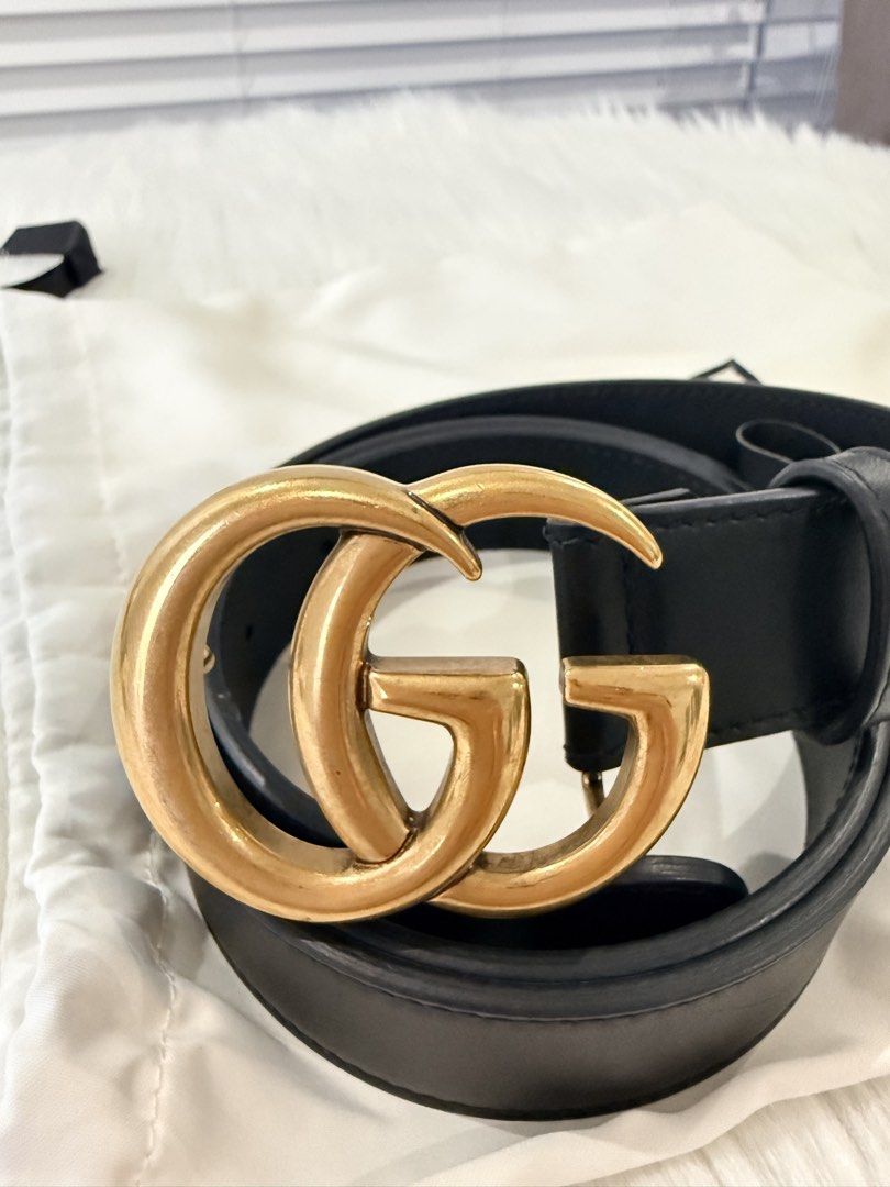Gucci GG Marmont Leather Belt (Category: Belts) located in Cainta. Submitted by mskath__ (Listing ID 1468089204, Image 1). Description: - Brand: Gucci - Material: Premium black leather - Hardware: Gold-toned double G buckle - Size: 85-34 - Serial Number: 414516 (stamped inside) - Inclusions: Original Gucci dust bag .