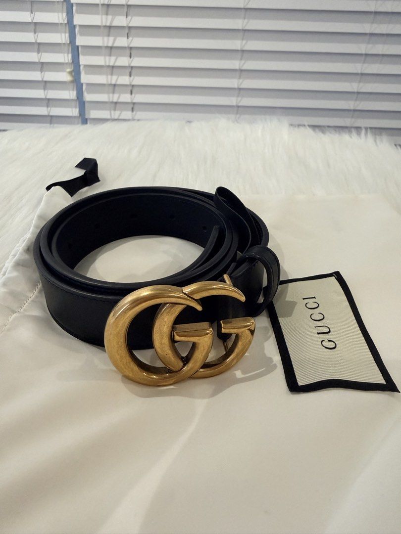 Gucci GG Marmont Leather Belt (Category: Belts) located in Cainta. Submitted by mskath__ (Listing ID 1468089204, Image 2). Description: - Brand: Gucci - Material: Premium black leather - Hardware: Gold-toned double G buckle - Size: 85-34 - Serial Number: 414516 (stamped inside) - Inclusions: Original Gucci dust bag .
