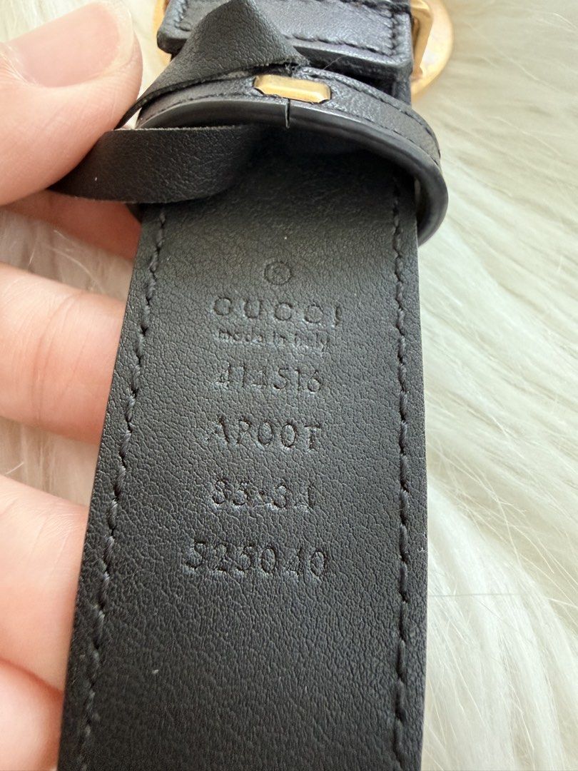 Gucci GG Marmont Leather Belt (Category: Belts) located in Cainta. Submitted by mskath__ (Listing ID 1468089204, Image 3). Description: - Brand: Gucci - Material: Premium black leather - Hardware: Gold-toned double G buckle - Size: 85-34 - Serial Number: 414516 (stamped inside) - Inclusions: Original Gucci dust bag .
