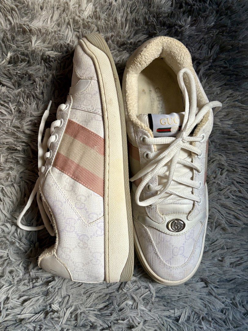 Gucci Screener (Category: Sneakers & Footwear) located in Manila. Submitted by jlj_v.2_oshop (Listing ID 1468117813, Image 3). Description: Gucci Screener low-top sneakers in the white GG Supreme canvas and pink/green Web stripe colorway. These preloved bags and shoes are sourced from Japan, Korea, and Thailand through a seller friend. They are well-loved items, and authenticity is not guaranteed unless stated as original. Feel free to do your ow