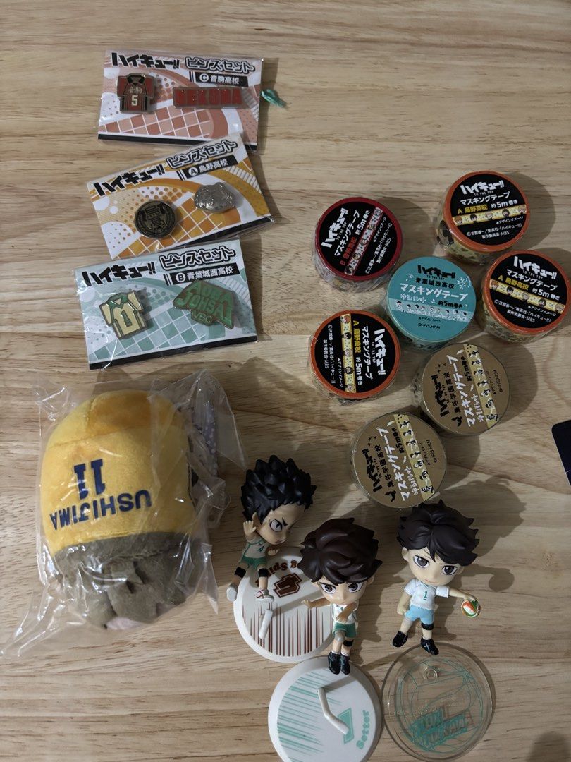 Haikyuu Figures Pins Washi Tape Plushie Bundle (Category: Plushies & Soft Toys) located in Manila. Submitted by loureum (Listing ID 1468160214, Image 1). Description: - Official Haikyuu merchandise set - Includes Oikawa mini figure and Ushijima plushie - Enamel pin sets: Karasuno, Nekoma, ( Aoba Johsai not included) - Includes several rolls of team washi tape - Selling as a complete set only - Perfect for collectors clearing shelf space.