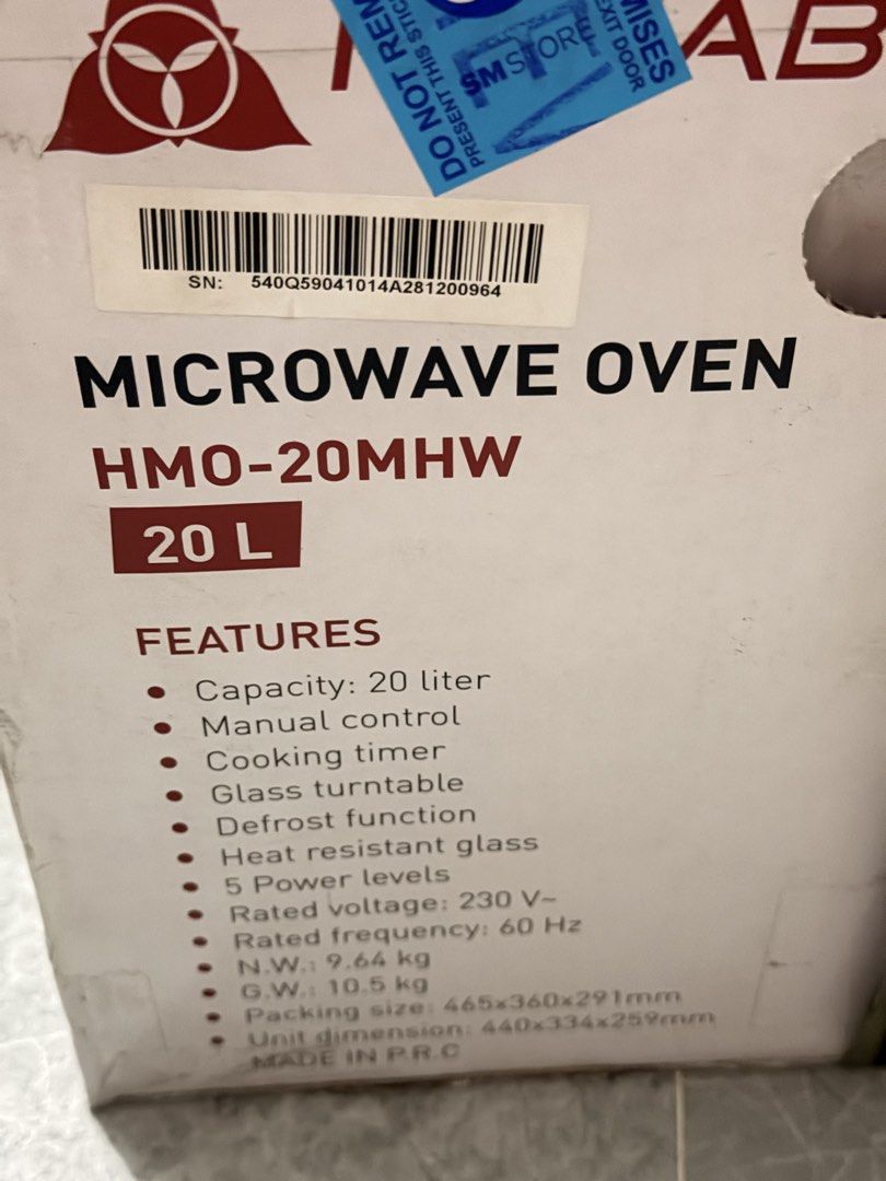 Hanabishi Microwave Oven HMO-20MHW (Category: Ovens & Toasters) located in Caloocan City. Submitted by rsdee (Listing ID 1468281145, Image 3). Description: BRANDNEW SEALED ₱3,250 ang bili pero bigay ko nalang ₱2,800 RFS: NEED CASH PO.