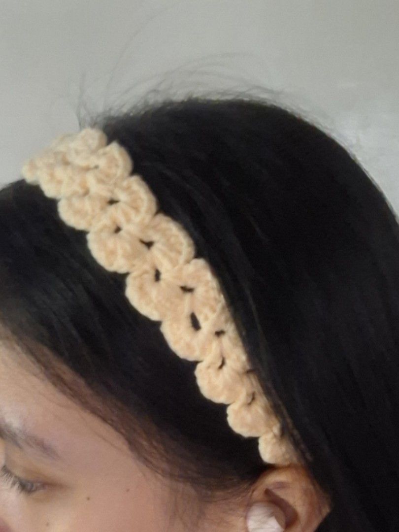 Handmade crochet headband with tie straps (Category: Hair Accessories) located in Cavite. Submitted by sheeeki_ (Listing ID 1468093534, Image 3). Description: - Made to order - Yarn color options: light blue, coffee brown, light pink, light yellow, cream, - Material: Soft yarn texture - Design: Scalloped pattern with adjustable tie-back straps and pompom ends - Style: Handmade crochet, ideal for everyday casual wear - Buyer covers the SF through 