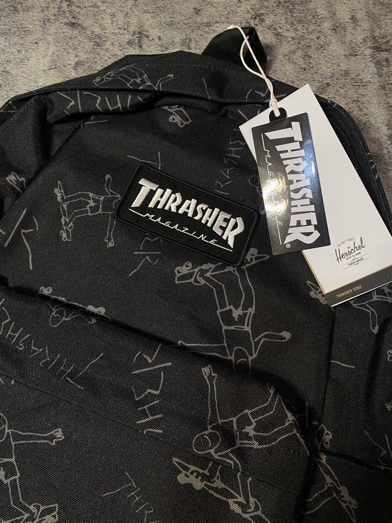 Herschel x Thrasher Gonz (Category: Backpacks) located in Manila. Submitted by kiddrevoo (Listing ID 1468160176, Image 2). Description: Herschel x Thrasher Gonz Classic XL Backpack in black. • Capacity: 30 Liters (Dimensions: 17.5” H x 12.5” W x 6” D) • Material: EcoSystem™ 100% recycled 600D polyester shell with a custom-printed Thrasher interior liner • Storage: Floating interior sleeve designed to accommodate most 15” or 16” laptops • Pockets: