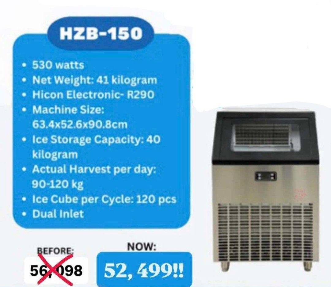 Hicon Commercial Ice Maker HZB-150 (Category: Refrigerators and Freezers) located in Quezon City. Submitted by thrifterella (Listing ID 1468182877, Image 2). Description: - Model: Hicon HZB-150 Commercial Ice Maker - Capacity: Produces 90 to 120 kg daily with 40 kg ice storage - Performance: Makes 120 clear, high-quality cubes per cycle - Power: 530 watts, dual inlet setup - Build: Heavy-duty stainless steel, net weight 41 kg - Dimensions: 63.4 x