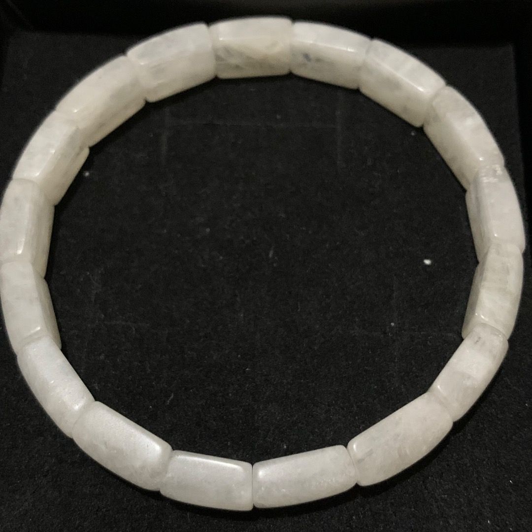 High Quality Natural Moonstone Barrel Bead Bracelet (Category: Bracelets) located in Quezon City. Submitted by itscxyy (Listing ID 1468067064, Image 2). Description: - Material: High quality cylindrical white moonstone beads from Madagascar - Feature: Beautiful blue flashes under light or or direct sunlight - Fit: Stretchy cord that easily fits most wrist sizes.