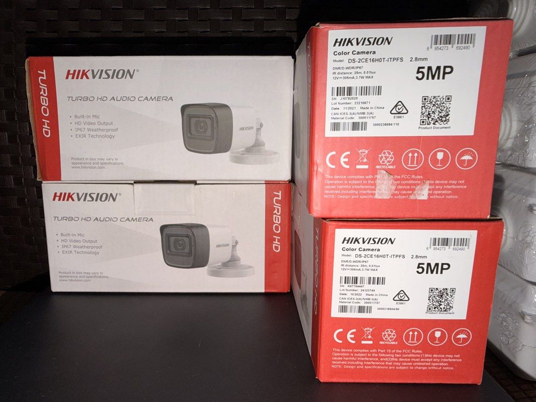 Hikvision 5MP Turbo HD Camera System with DVR and HDD (Category: Security Systems & CCTV Cameras) located in Bacoor. Submitted by ghooost (Listing ID 1468147028, Image 2). Description: - Complete 4-channel CCTV security setup, ideal for home or office - 4x Hikvision 5MP Turbo HD Audio Cameras (DS-2CE16H0T-ITPFS) with built-in mic - Includes DVR unit with mouse and power cables - Comes with 1TB Seagate SkyHawk surveillance hard drive - Includes 4x