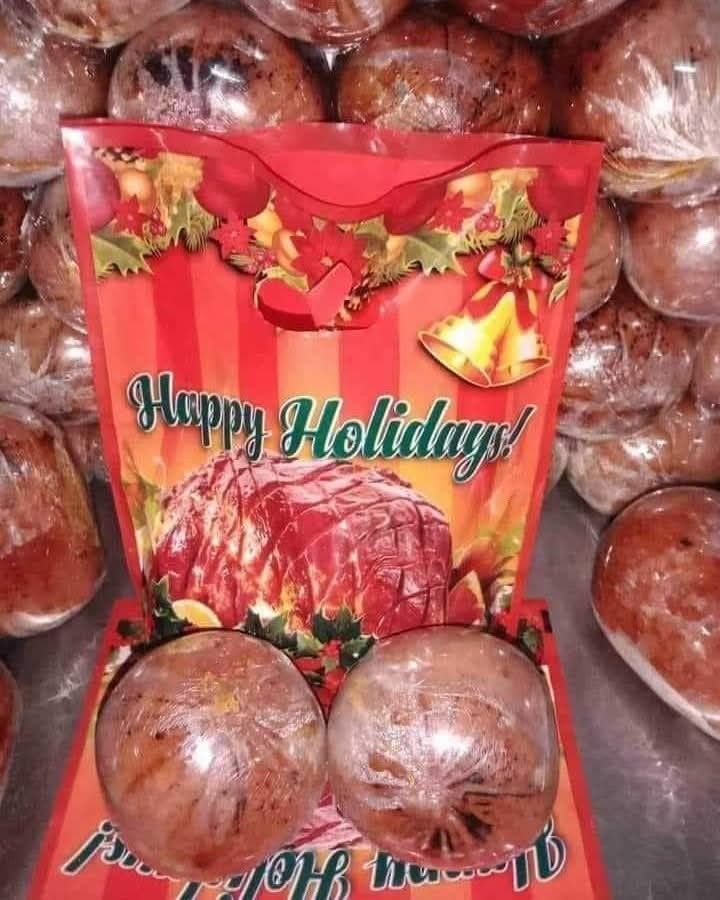 Holiday Ham Ball with Gift Bag (Category: Chilled & Frozen Food) located in Manila. Submitted by shasisante (Listing ID 1468221259, Image 2). Description: LIMITED TIME OFFER. Buy 1 take 1! Buy 1 take 1! Buy 1 take 1! Buy 1 take 1! Round holiday ham ball, comes wrapped in plastic and packed inside a festive red 'Happy Holidays' gift bag. Fully cooked and sliced in one photo to show the inside. Great for family gatherings, noche buena, or holiday f