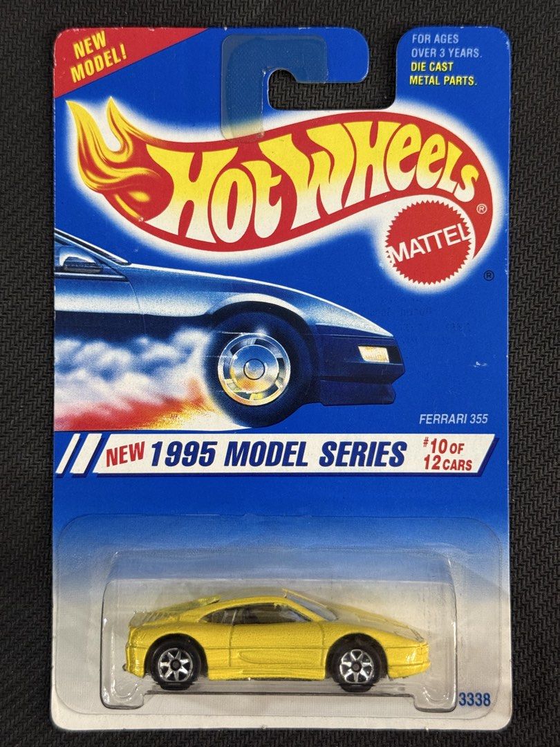 Hot Wheels Ferrari 355 (Category: Vehicle & Diecast Models) located in Muntinlupa City. Submitted by eman_garcia_ (Listing ID 1468273845, Image 1). Description: - Item: Hot Wheels Ferrari 355 - Color: Bright Yellow - Series: 1995 Model Series (10/12) - Condition: Brand new, sealed in original blister pack - Packaging: Features 'New Model!' red top section - Material: Die-cast metal parts - Perfect for serious collectors and Ferrari fans.