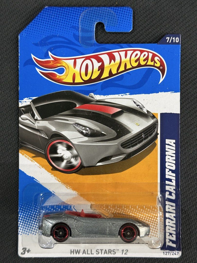 Hot Wheels Ferrari California (Category: Vehicle & Diecast Models) located in Muntinlupa City. Submitted by eman_garcia_ (Listing ID 1468274412, Image 1). Description: - Brand: Hot Wheels - Model: Ferrari California - Series: HW All Stars (12/247, Collection: 7/10) - Color/Details: Silver body, red interior, red-rimmed wheels - Condition: Brand new, unopened original packaging, card in great shape.