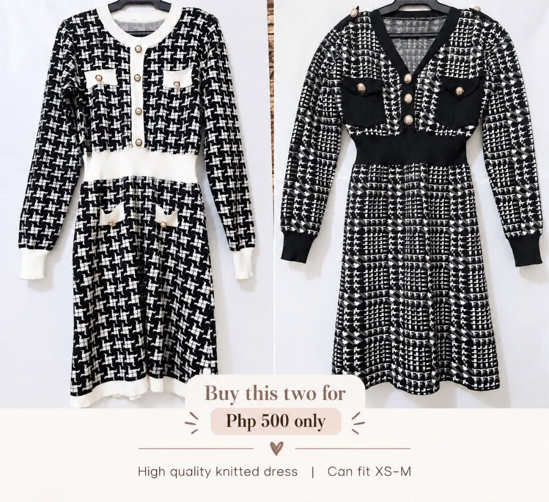 Houndstooth Knitted Dress Bundle - Black and White (Category: Dresses) located in Manila. Submitted by preloved.ajdj (Listing ID 1468141229, Image 1). Description: - Bundle of 2 knitted dresses: Classic black and white houndstooth pattern - Details: Chic decorative pockets and elegant gold-tone buttons - Material: High-quality, thick but comfortable knit fabric - Size: Flexible fit from XS to M - Price: Grab both stunning pieces for only Php 500!
