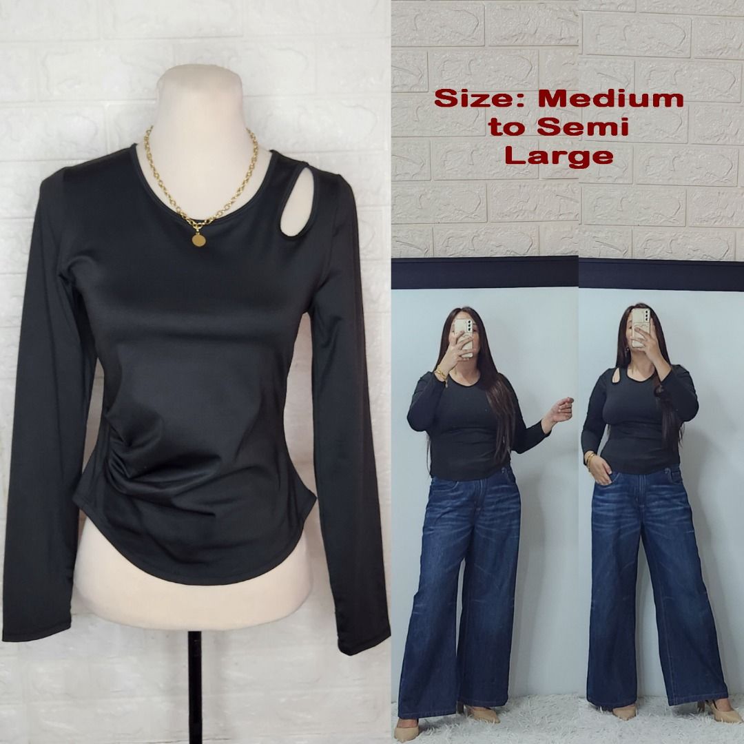 HQ Black Structured Cut Out Pullover Top (Category: Longsleeves) located in Quezon City. Submitted by graciejosue (Listing ID 1468060927, Image 1). Description: Rare piece apparel at a very reasonable price and great condition!!! Washed and ready to wear. - Color: Black - Style: Long sleeve top with unique shoulder cutout and ruched sides - Fit: Stretchy fabric, fits medium to semi-large frames comfortably - Versatility: Perfect basic piece to pa