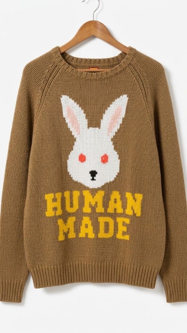 Human Made Bunny Knit Sweater Brown (Category: Coats, Jackets and Outerwear) located in Manila. Submitted by shothrift (Listing ID 1468102308, Image 2). Description: - Brand: Human Made (Nigo) - Condition: Brand new / Excellent - Color: Brown - Style: Reversible crew neck knit sweater - Design A: White text branding - Design B: Bunny graphic with yellow text - Details: Ribbed cuffs and hem, thick and warm material - Perfect for: Streetwearfits an