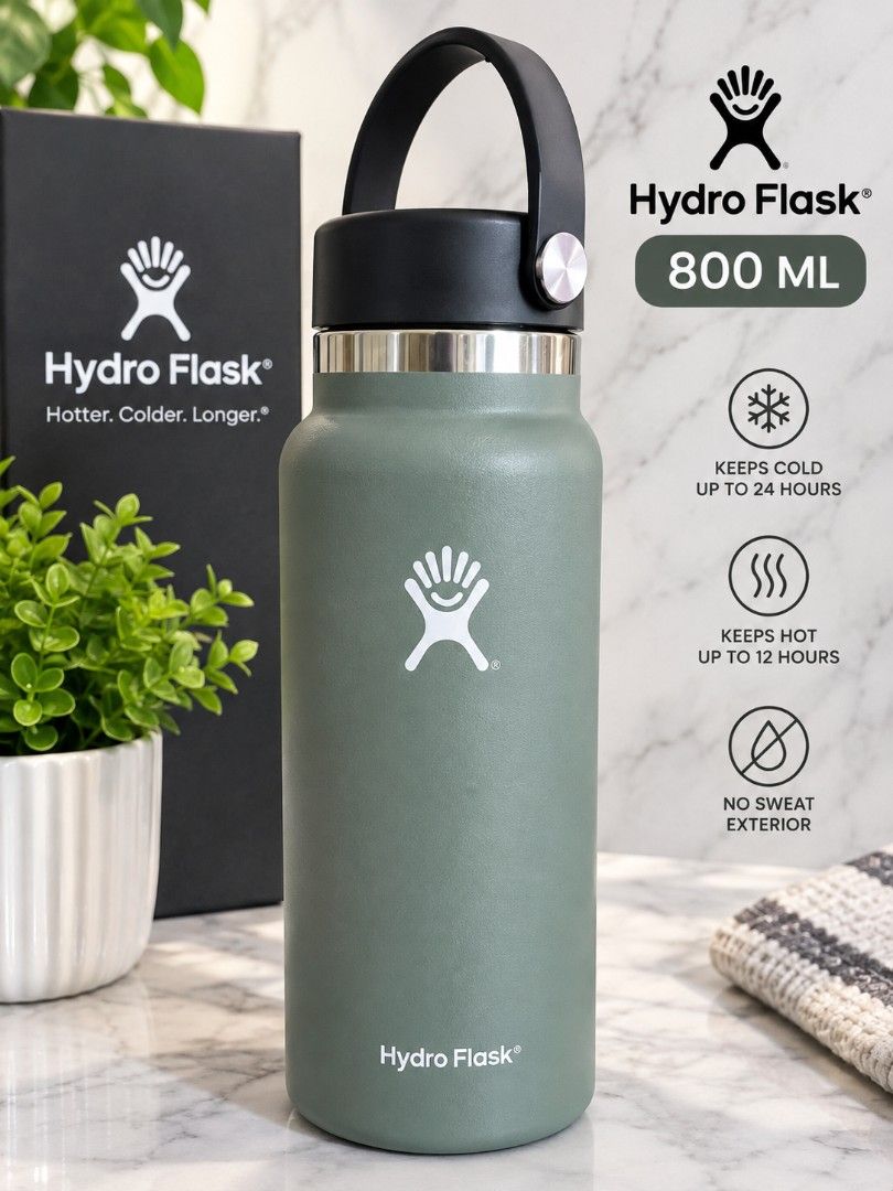 Hydro Flask 800 ML Olive Gray Water Bottle (Category: Water Bottles & Tumblers) located in Batangas. Submitted by mace2014 (Listing ID 1468142407, Image 1). Description: - Brand: Hydro Flask - Color: Gray - Capacity: 800 ml - Temperature Control: Keeps drinks cold up to 24 hours, hot up to 12 hours - Finish: Sweat-free exterior - Cap: Black cap with flexible carrying handle - Inclusions: Original black presentation box - Details: Stainless steel 