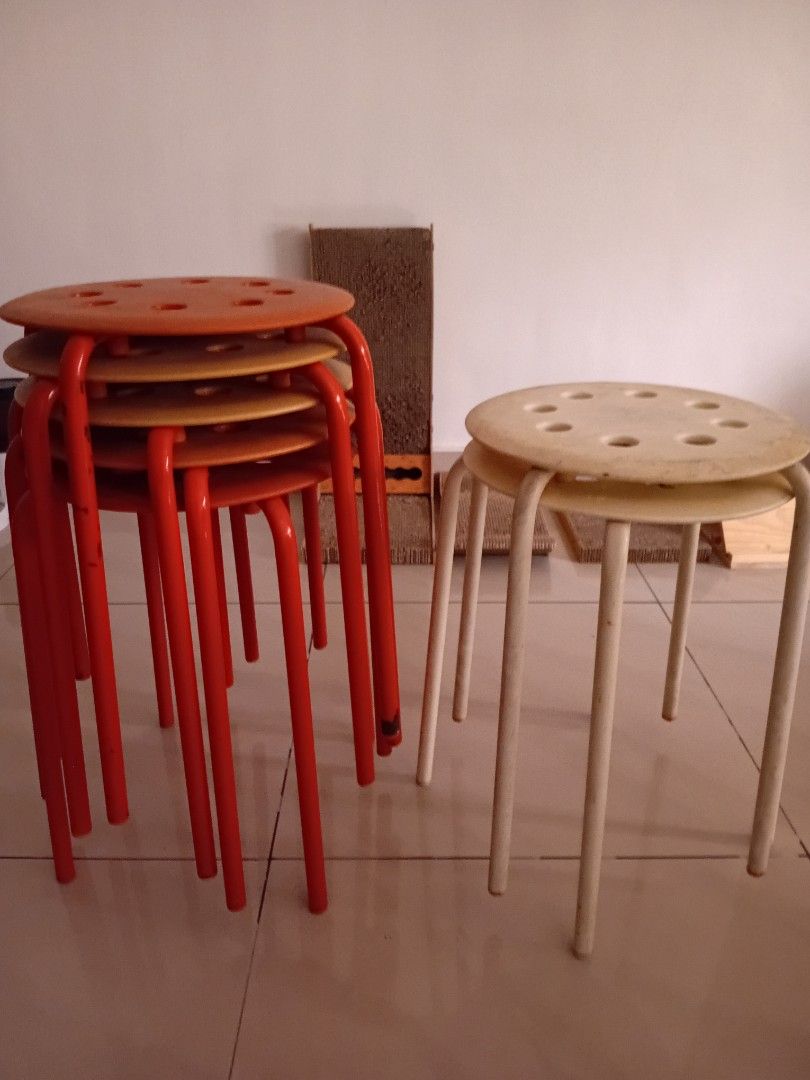 Ikea stools (Category: Chairs) located in Kuala Lumpur. Submitted by a349cs (Listing ID 1468082016, Image 2). Description: 7 pieces - 5 red, 2 white. White ones might need some cleaning. RM 15 per piece. .