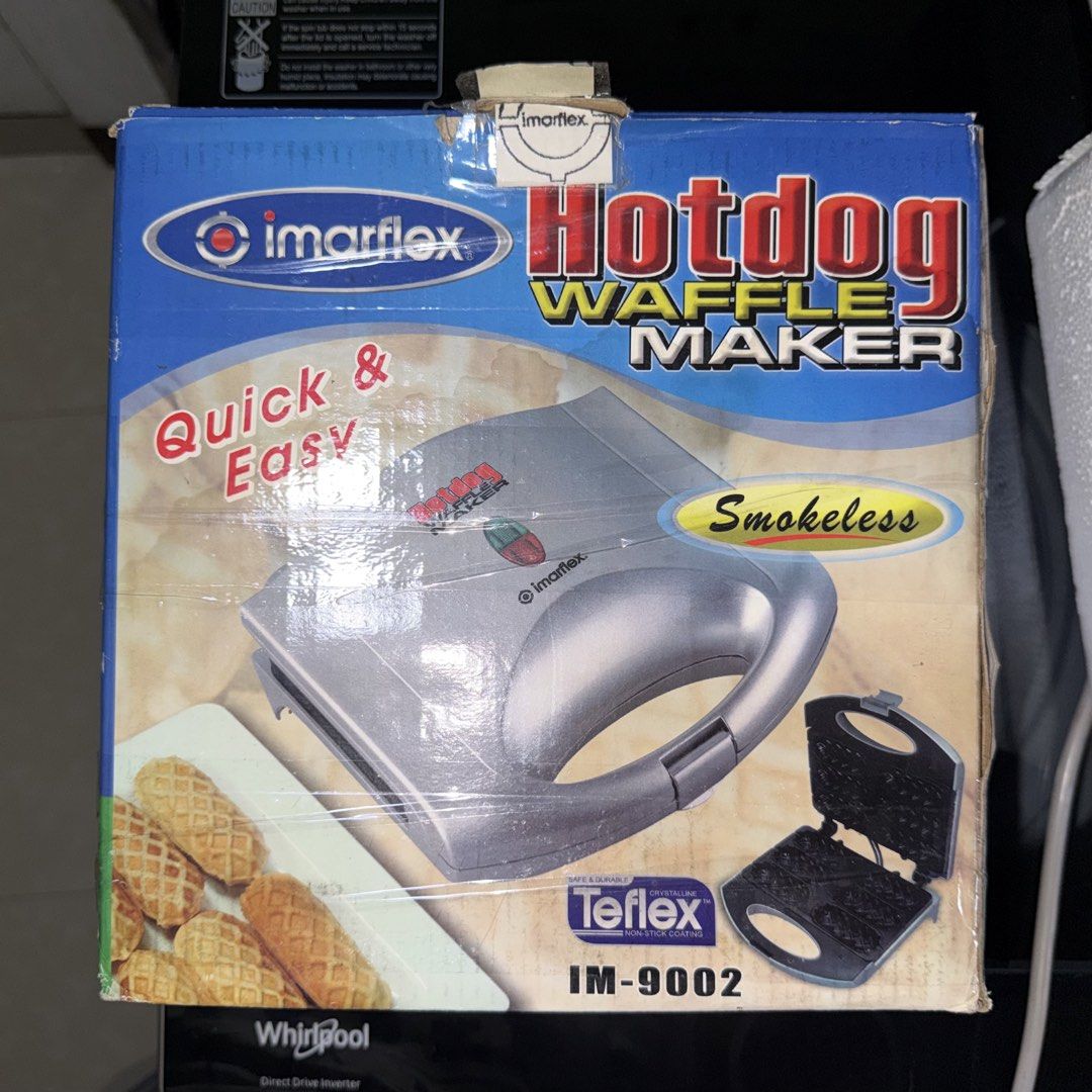 Imarflex Hotdog Waffle Maker Smokeless (Category: Ovens & Toasters) located in Manila. Submitted by jillibeans (Listing ID 1468161757, Image 1). Description: Brand: Imarflex • Can fit 6 hotdog waffles • Non-stick coated plates • Easy to carry • With locking lid • Complete inclusions.