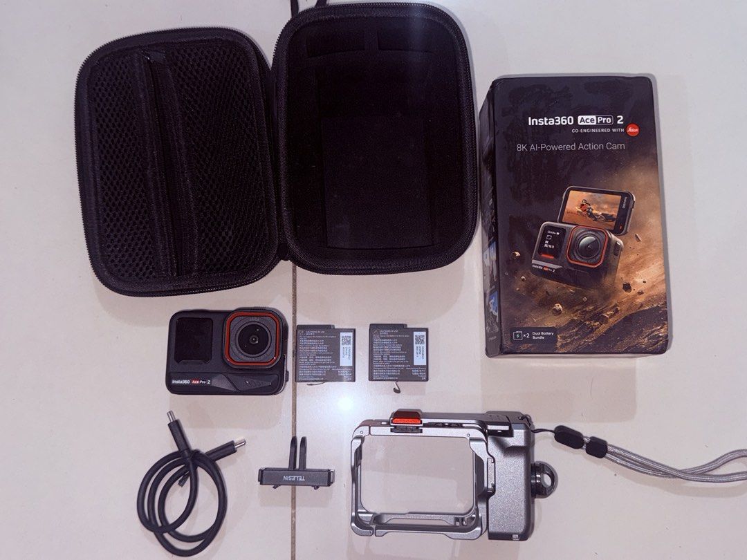 Insta360 Ace Pro 2 8K AI-Powered Action Cam Dual Battery Bundle (Category: Cameras) located in Quezon City. Submitted by gavinarevalo (Listing ID 1468065576, Image 3). Description: - Insta360 Ace Pro 2 8K AI-powered action camera bundle - Includes 2 batteries and USB-C charging cable - Comes with protective cage and mount adapter - Includes original carrying case and box - Ideal for vlogging, travel adventures, and sports recording - Everything i