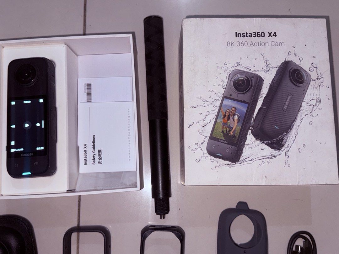 Insta360 X4 8K 360 Action Cam (Category: Video Cameras) located in Quezon City. Submitted by gavinarevalo (Listing ID 1468065519, Image 2). Description: - Insta360 X4 action camera shooting in stunning 8K resolution - Complete kit ideal for travel and adventure vlogging - Includes original box, manuals, and charging cable - Comes with black selfie stick and durable carrying case - Extra protection with frame cases and silicone lens cover.