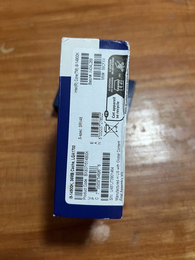 Intel Core i9-14900K 14th Gen LGA1700 Processor (Category: Desktops) located in Manila. Submitted by jancarlm5043263 (Listing ID 1468237226, Image 3). Description: - Brand: Intel Core i9-14900K Desktop Processor - Generation: 14th Gen, Unlocked, LGA1700 socket - Cache: 36MB - Condition: Brand new, factory-sealed box (unopened packaging) - Authenticity: Original retail box with visible serial number and barcode - Reason for selling: Backed out of 