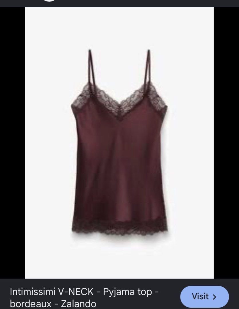 Intimissimi V-Neck Pyjama Top Bordeaux (Category: Undergarments & Loungewear) located in Rosales. Submitted by thriftingismygame (Listing ID 1468178462, Image 1). Description: - Brand: Intimissimi - Style: V-neck pyjama top / loungewear - Color: Rich bordeaux / deep plum with a soft sheen - Material: Silky fabric with delicate lace trim along the neckline and hem - Features: Adjustable spaghetti straps, brand tag intact - Condition: Great piece f